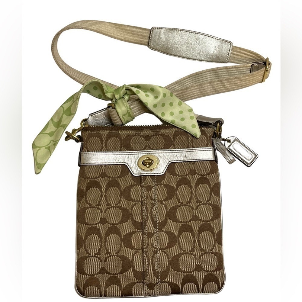 Coach Canvas Crossbody With Scarf & Silver Leather Detail